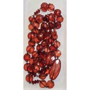 Stunning Vintage Chunky Ruby Red Bead Necklace Faceted Acrylic Beads 26" Drop
